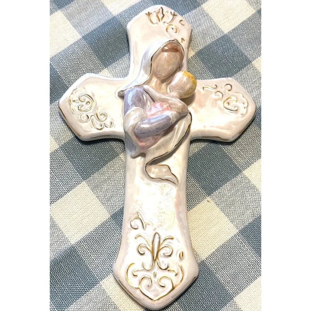 Vintage Iridescent Mother & Child Cross Wall Hanging Gold Accents 10" - Picture 3 of 7